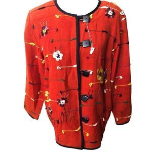 Allure woven art to wear red embroidered floral demure shacket size 14/16 L